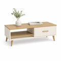 Table basse rectangulaire avec tiroir et etagere 100 x 50 x 45 cm panneaux MDF et particules blanc et chene