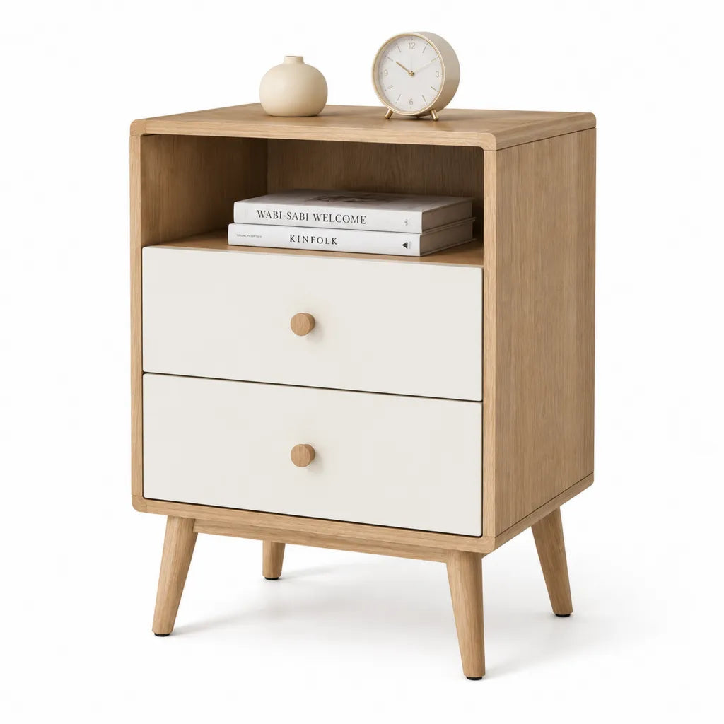 Table de chevet rectangulaire 2 tiroirs et niche ouverte en MDF plaque chene blanc 45 x 35 x 60 cm