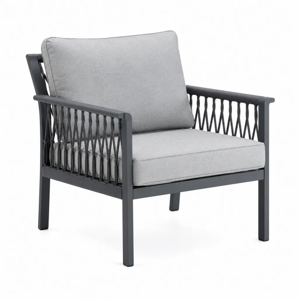Fauteuil de jardin avec coussins en aluminium et corde tressee gris 75 x 80 x 75 cm