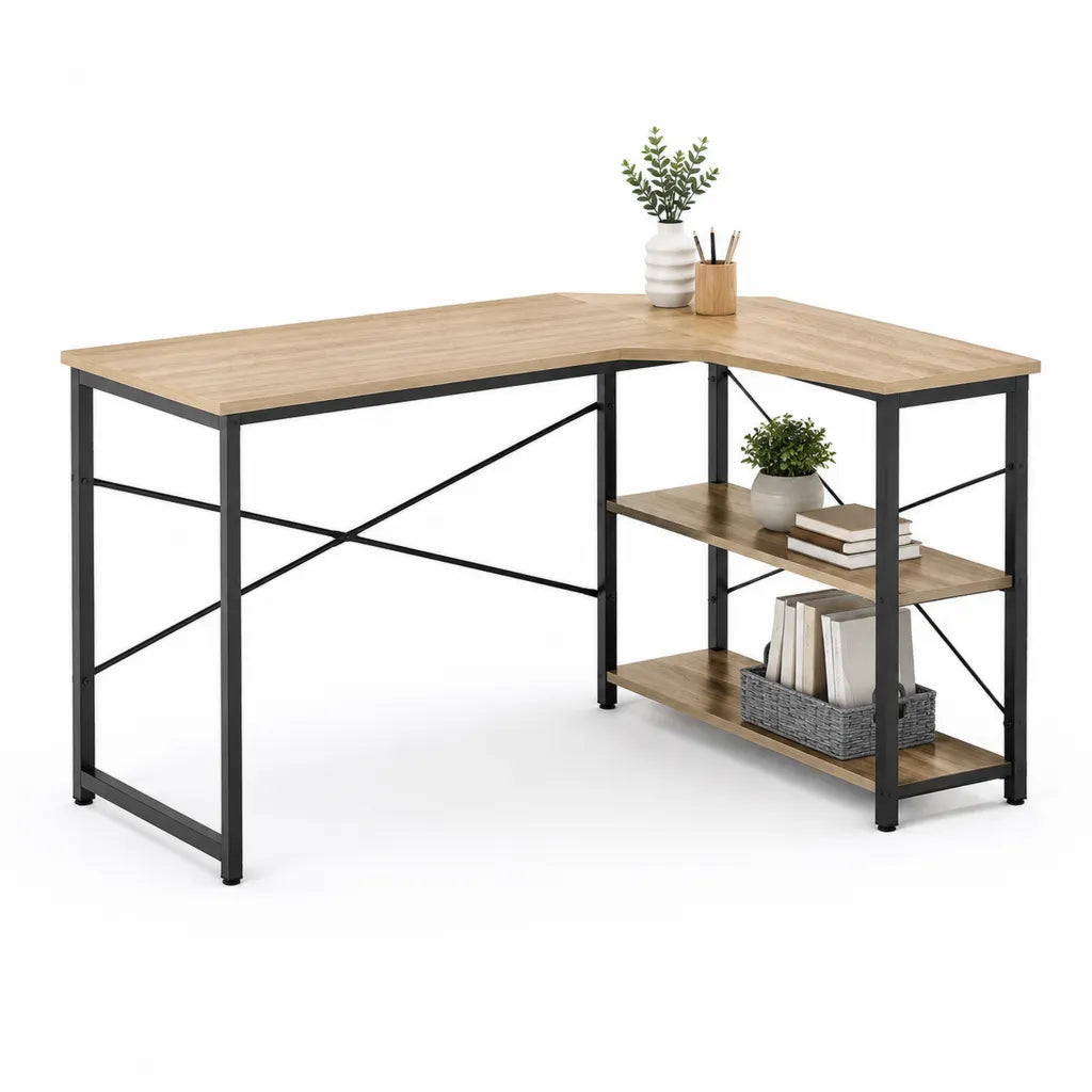 Bureau d'angle avec etageres 150 x 120 x 75 cm panneau de particules melamine chene clair noir
