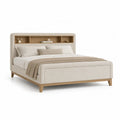 Lit double avec tete de lit a rangements 160 x 200 cm en polyester et bois d'hevea beige