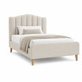 Lit double capitonne 140 x 190 cm en polyester beige avec tete de lit arrondie
