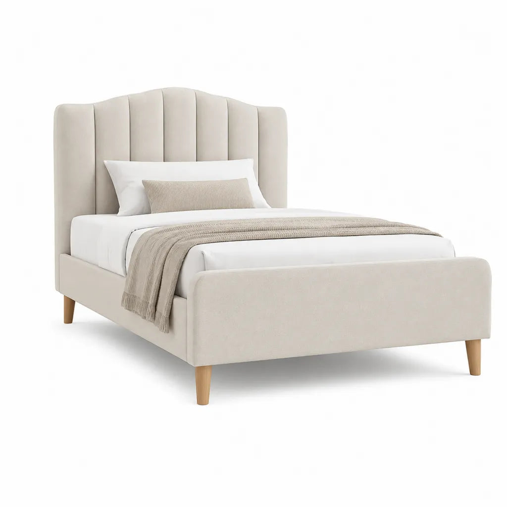 Lit double capitonne 140 x 190 cm en polyester beige avec tete de lit arrondie