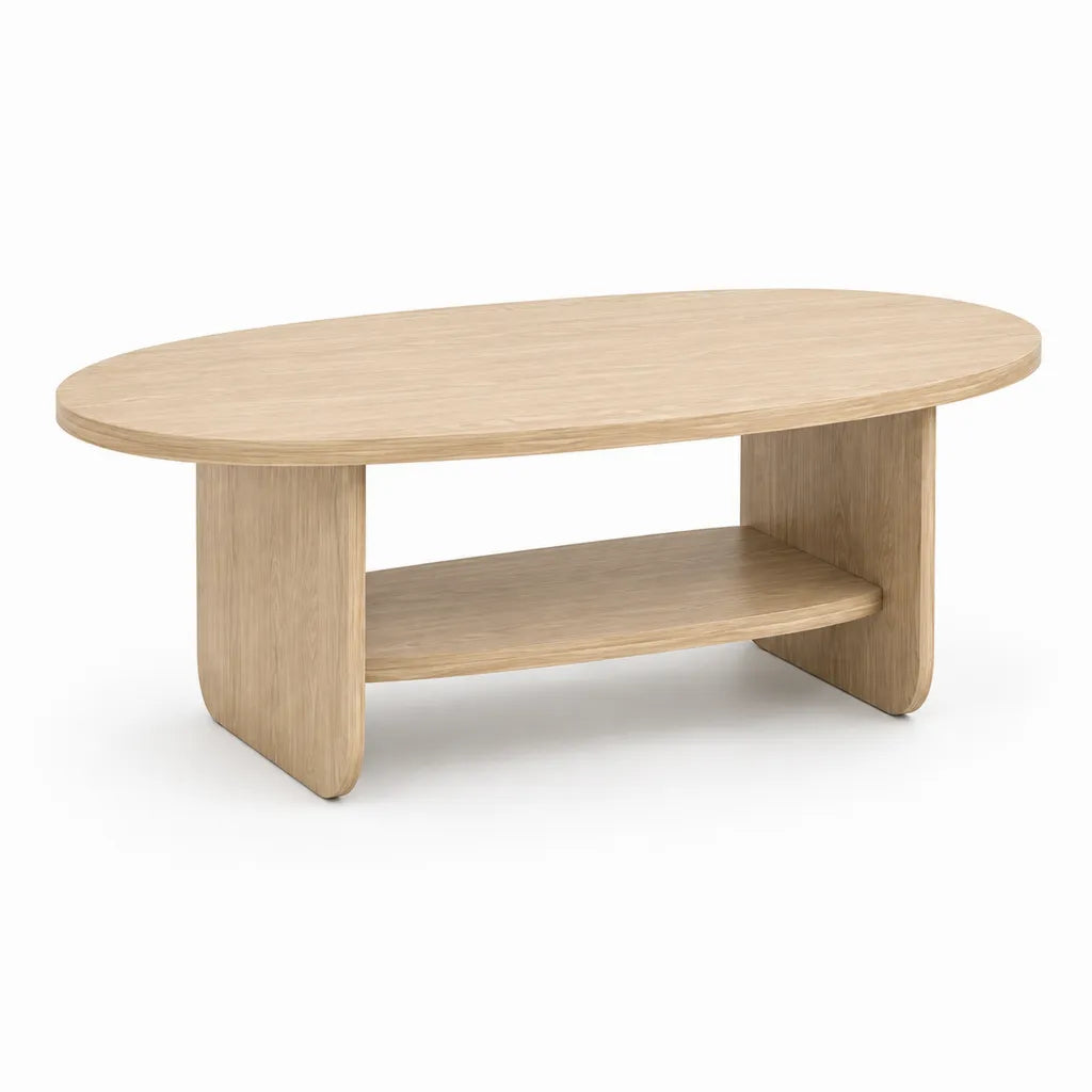 Table basse ovale avec etagere 120 x 60 x 45 cm en panneaux MDF plaques chene clair