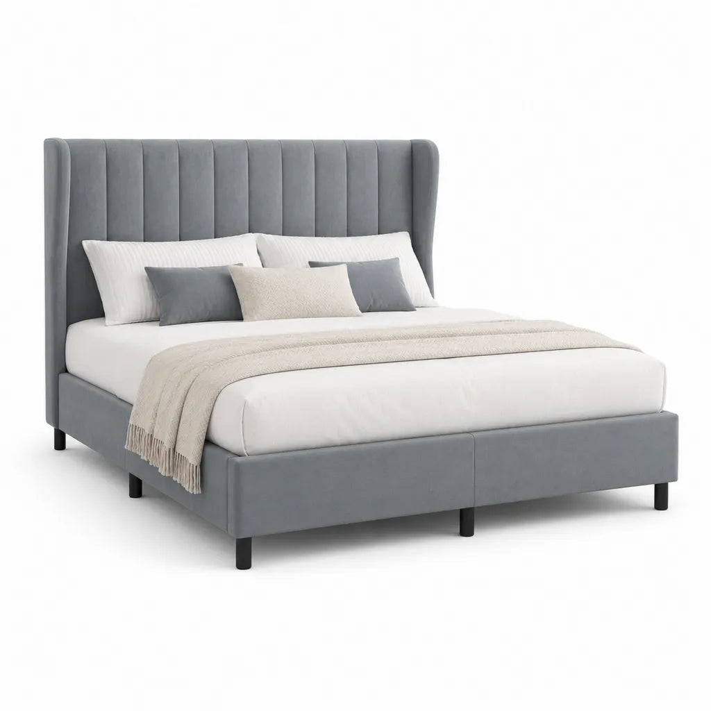 Cadre de lit double 160 x 200 cm en polyester aspect velours gris avec tete de lit capitonnee