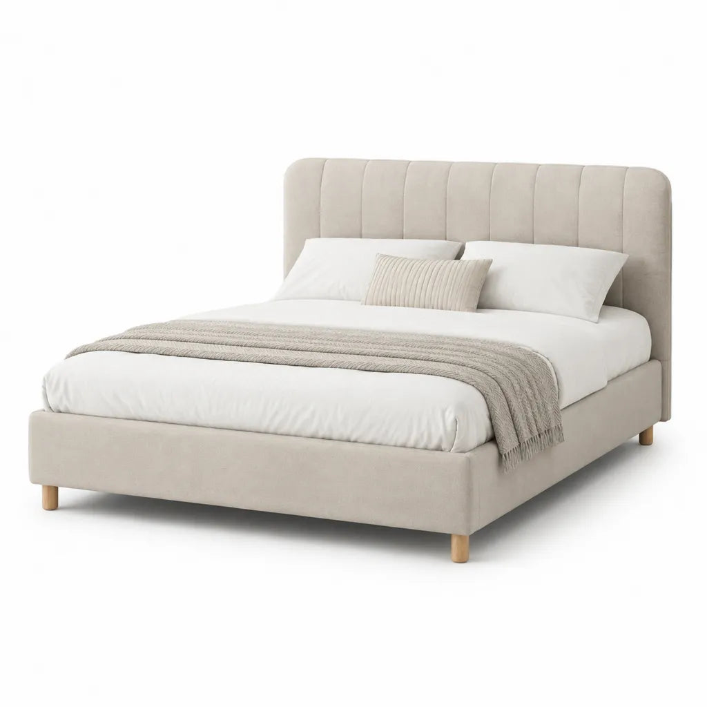 Lit double 160 x 200 cm avec cadre rembourre en polyester beige et tete de lit arrondie