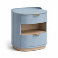 Table de chevet arrondie a 2 tiroirs avec niche 50 x 40 x 55 cm en MDF bleu et decor chene clair