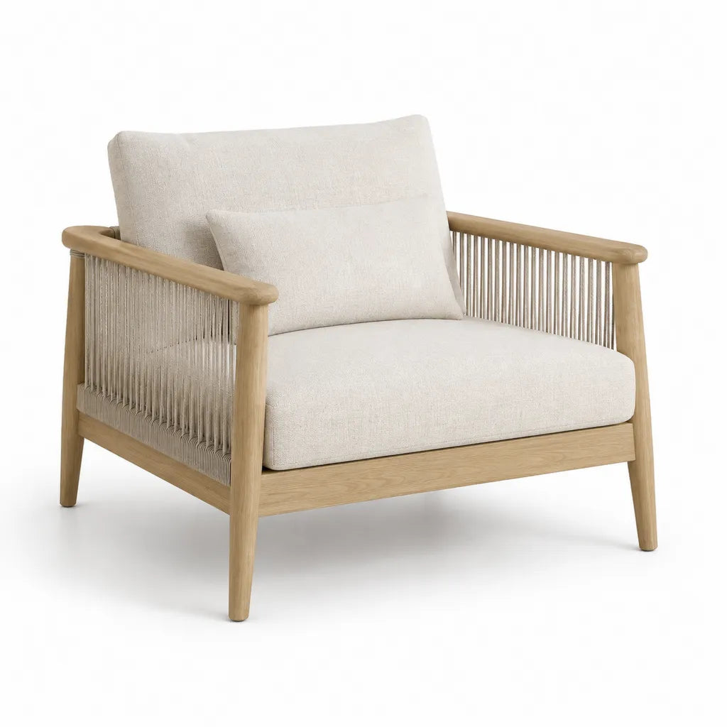 Fauteuil de salon carre 85 x 78 x 78 cm en chene massif avec coussins en polyester beige naturel