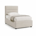 Lit simple rembourre 90 x 190 cm en polyester beige avec tete de lit rectangulaire