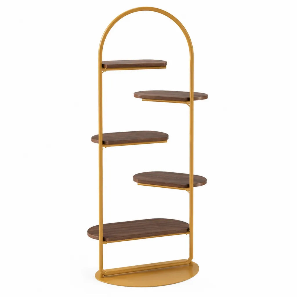 etagere sur pied de rangement 5 niveaux en MDF effet noyer et acier dore forme arche 70 x 35 x 180 cm