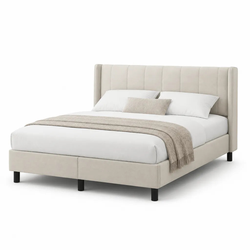 Lit double capitonne 160 x 200 cm en polyester beige avec tete de lit haute