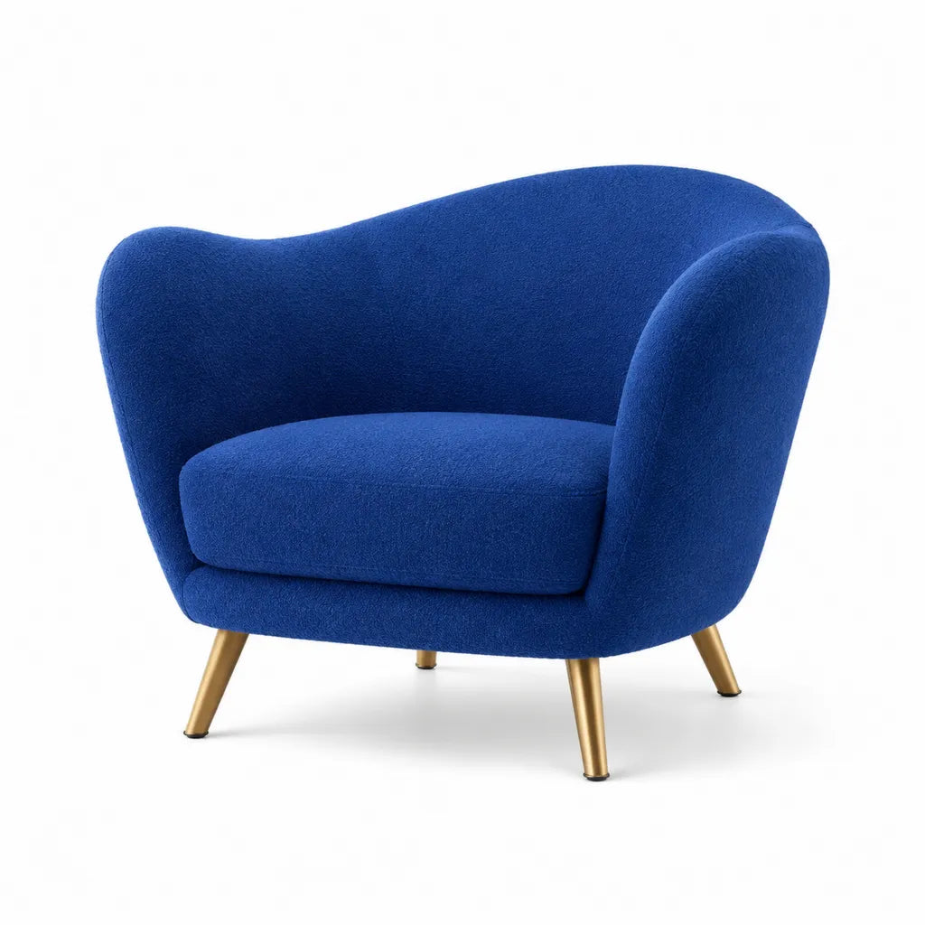 Fauteuil de salon arrondi en polyester boucle bleu avec pieds en acier 92 x 78 x 78 cm