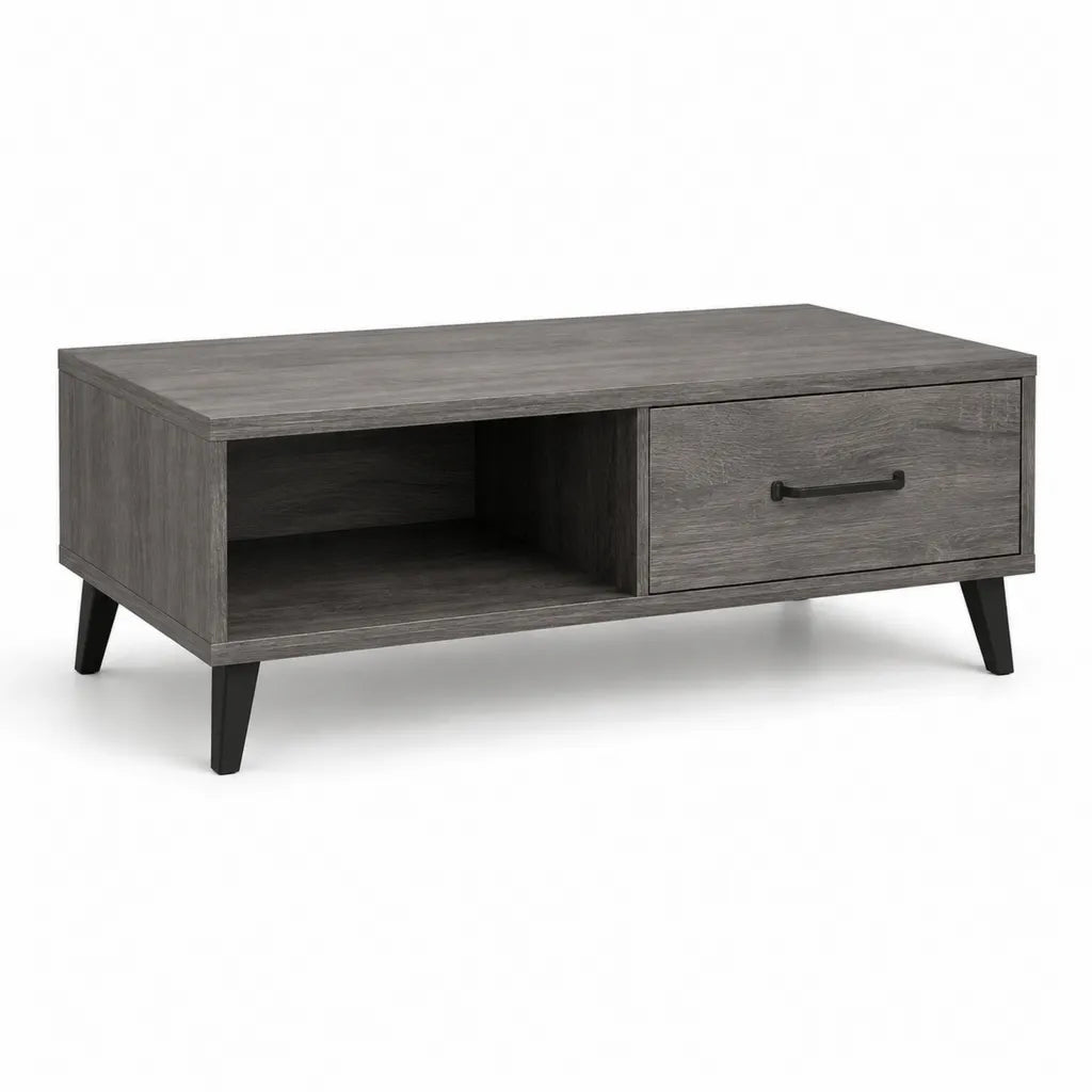 Table basse rectangulaire avec tiroir et niche de rangement 100 x 50 x 45 cm panneaux de particules gris fonce