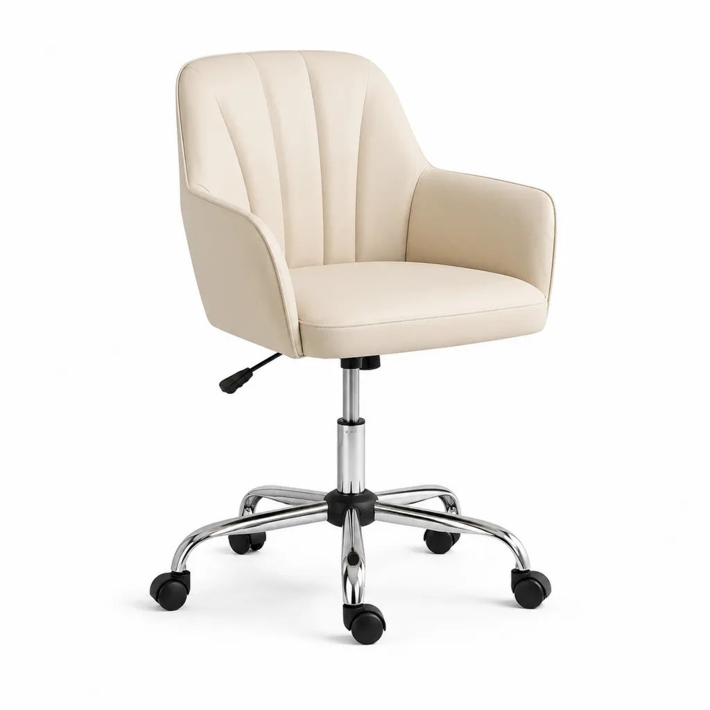 Chaise de bureau pivotante reglable en hauteur en cuir synthetique PU creme 60 x 60 x 83-93 cm