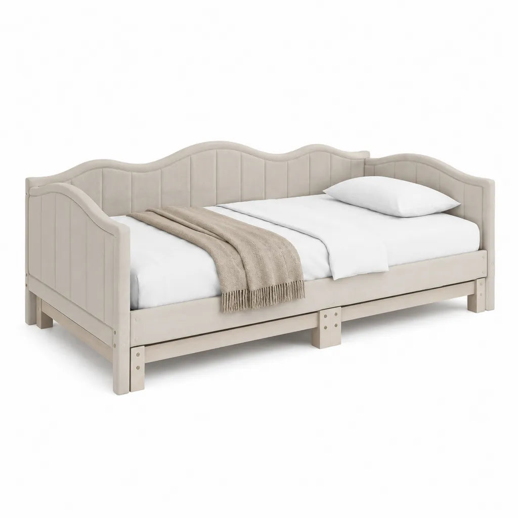 Lit banquette 1 place cadre en bois massif de pin revetu de polyester beige forme ondulee 90 x 190 cm