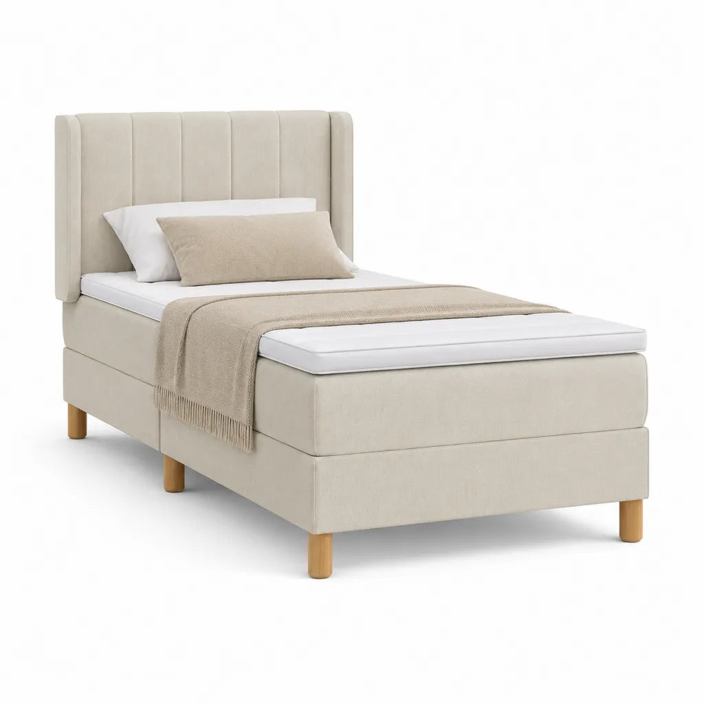 Lit simple capitonne 90 x 190 cm en polyester beige avec tete de lit haute et pieds en bois massif
