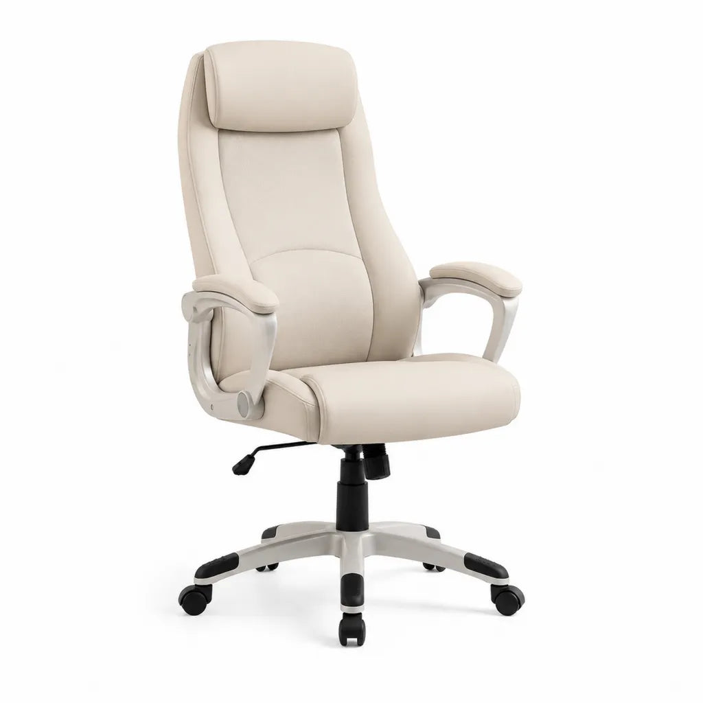 Fauteuil de bureau a roulettes dossier haut en similicuir PU beige 65 x 70 x 113-123 cm