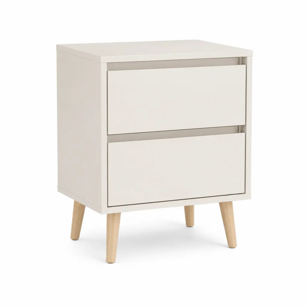 Table de chevet 2 tiroirs en MDF blanc pieds en hevea massif rectangulaire 40 x 35 x 55 cm