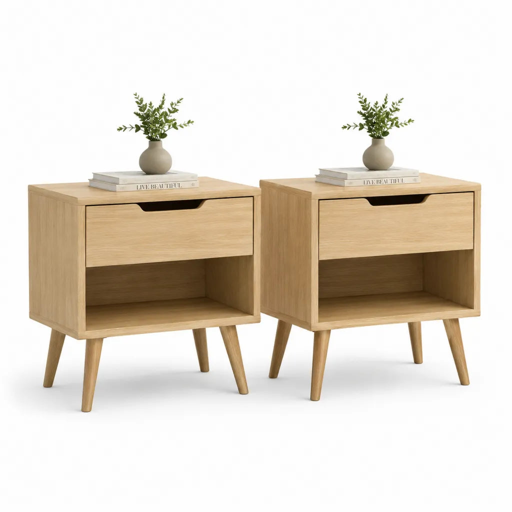 Lot de 2 tables de chevet rectangulaires avec tiroir et niche en MDF plaque chene naturel 40 x 35 x 55 cm