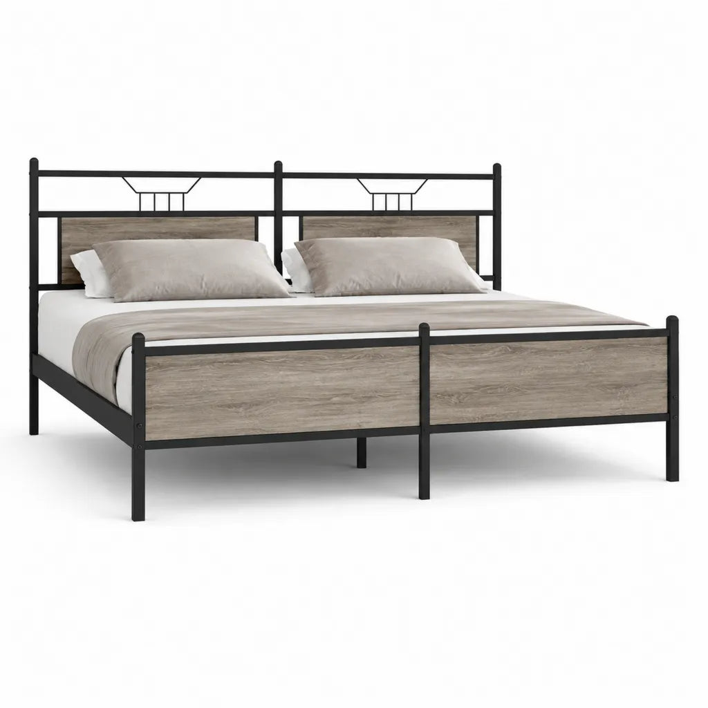Cadre de lit double 160 x 200 cm en acier noir et panneaux MDF gris chene