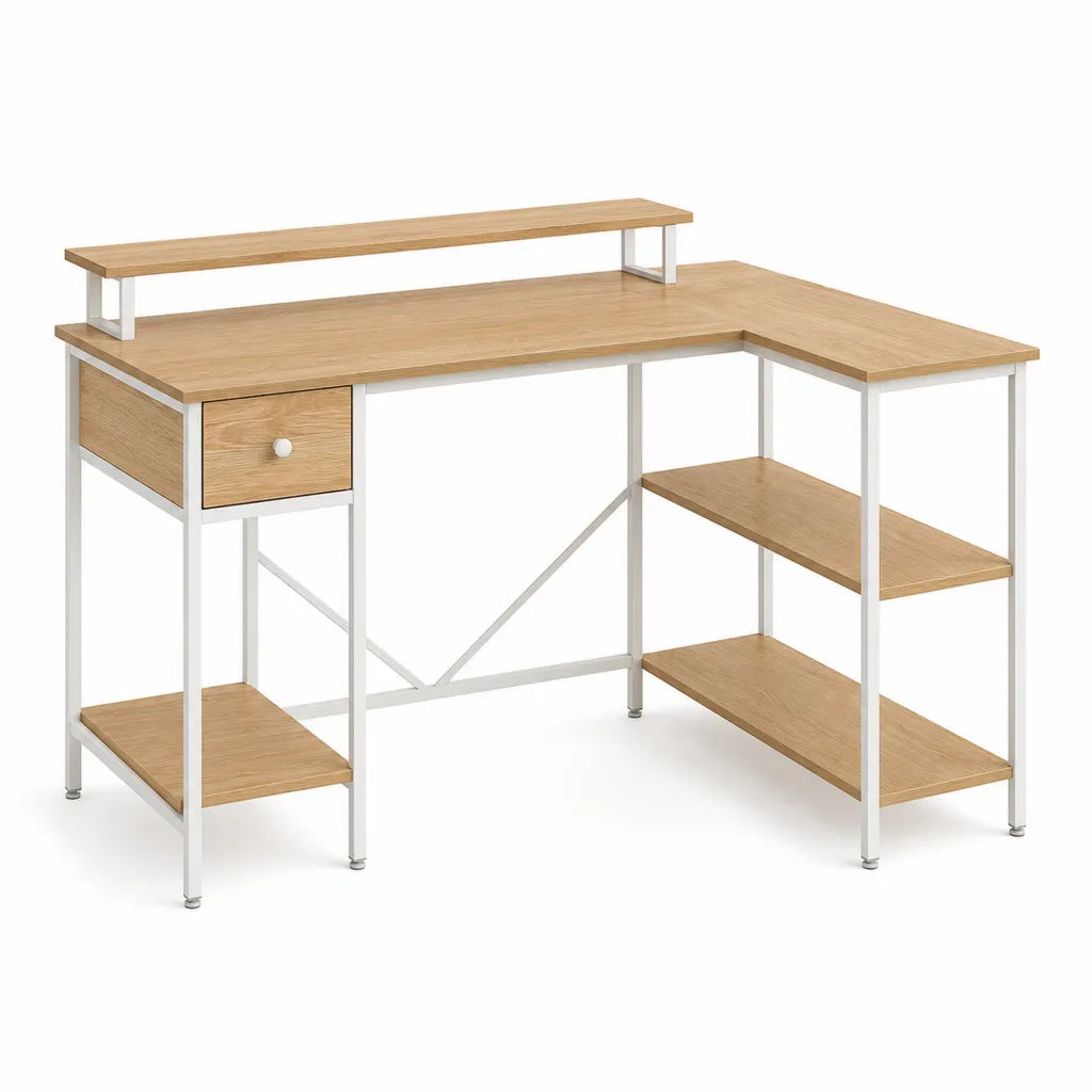 Bureau d'angle avec etageres tiroir et rehausse en panneaux de particules melamines chene clair blanc 140 x 120 x 130 cm