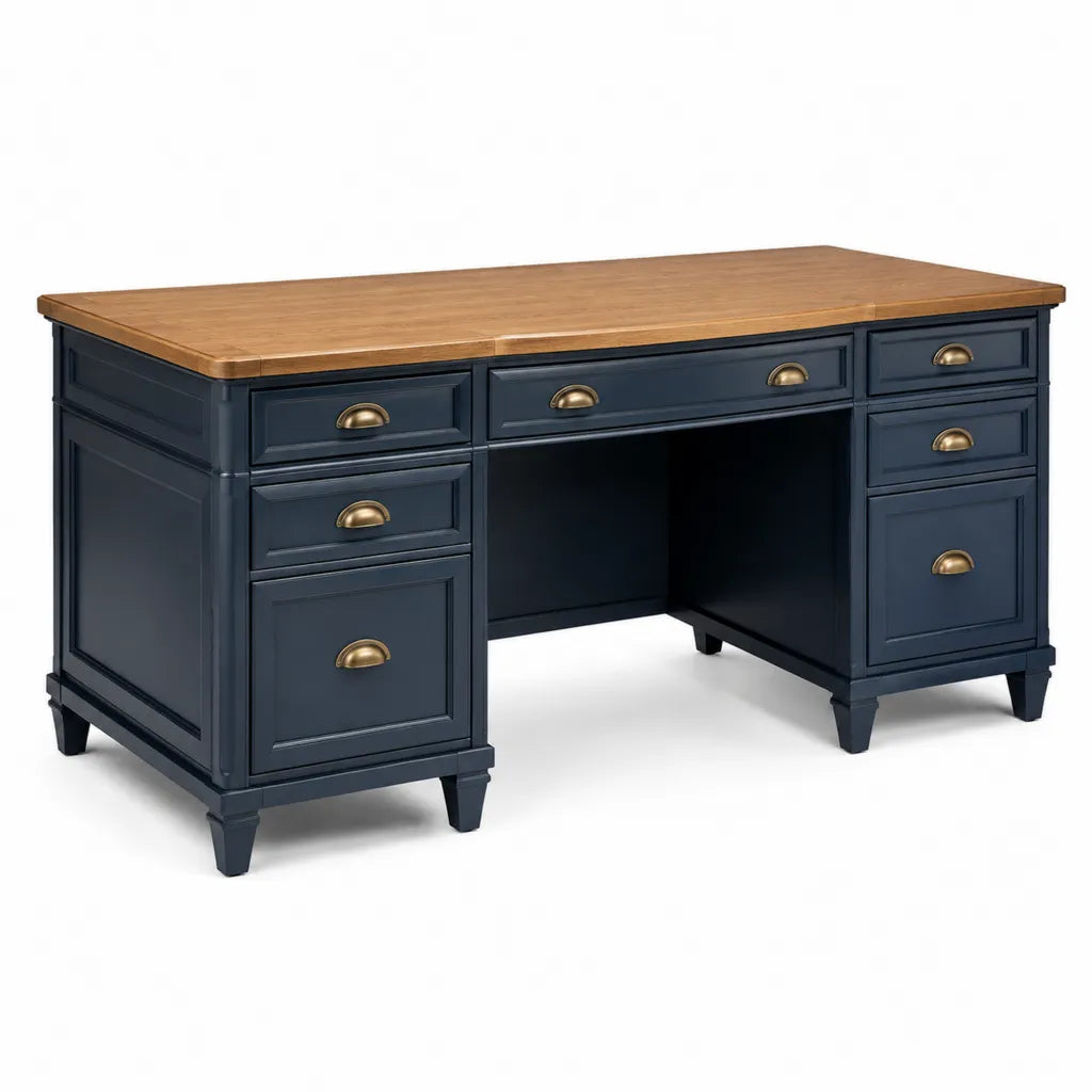 Bureau classique a 7 tiroirs 140 x 60 x 75 cm en MDF bleu marine et plateau aspect chene