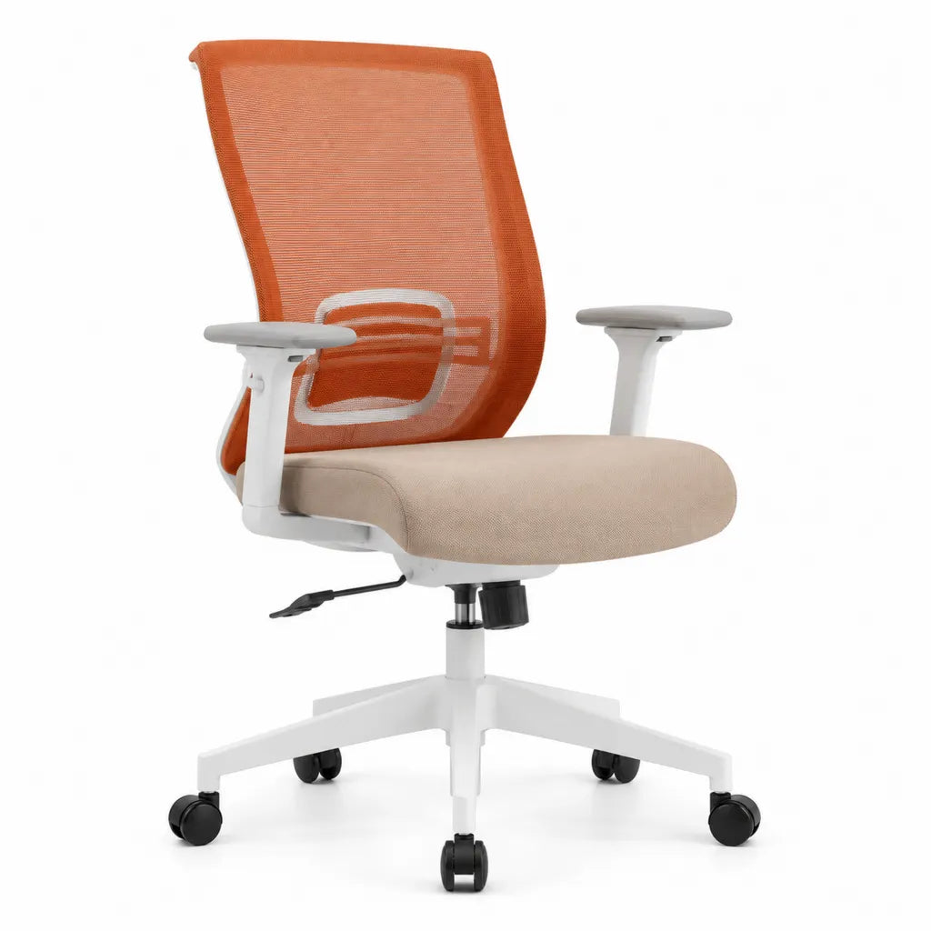 Chaise de bureau ergonomique a roulettes avec dossier en maille polyester orange et assise beige 64 x 64 x 96-106 cm