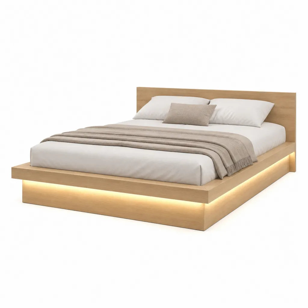 Lit double avec cadre a LED en panneaux MDF decor chene clair 160 x 200 cm