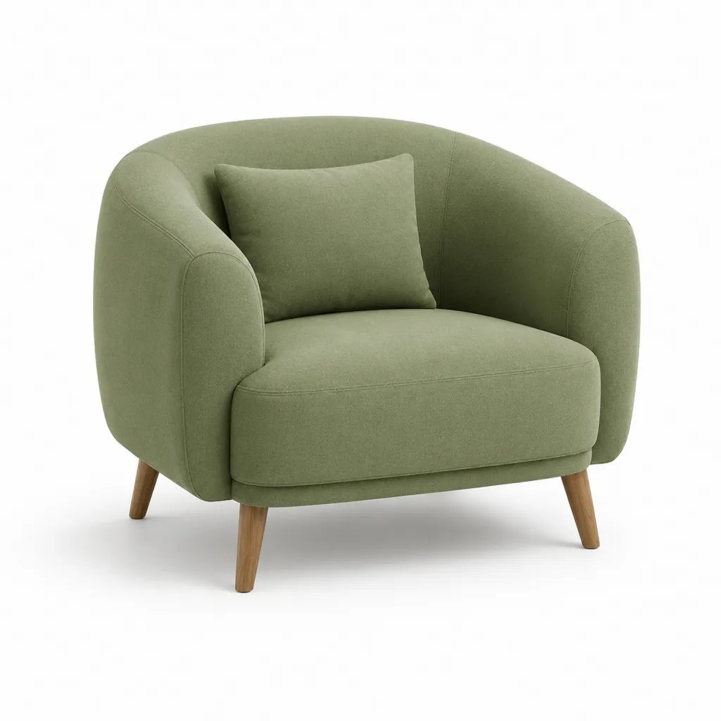 Fauteuil de salon arrondi 82 x 78 x 78 cm en polyester vert sauge avec mousse polyurethane et pieds en bois massif d'hevea