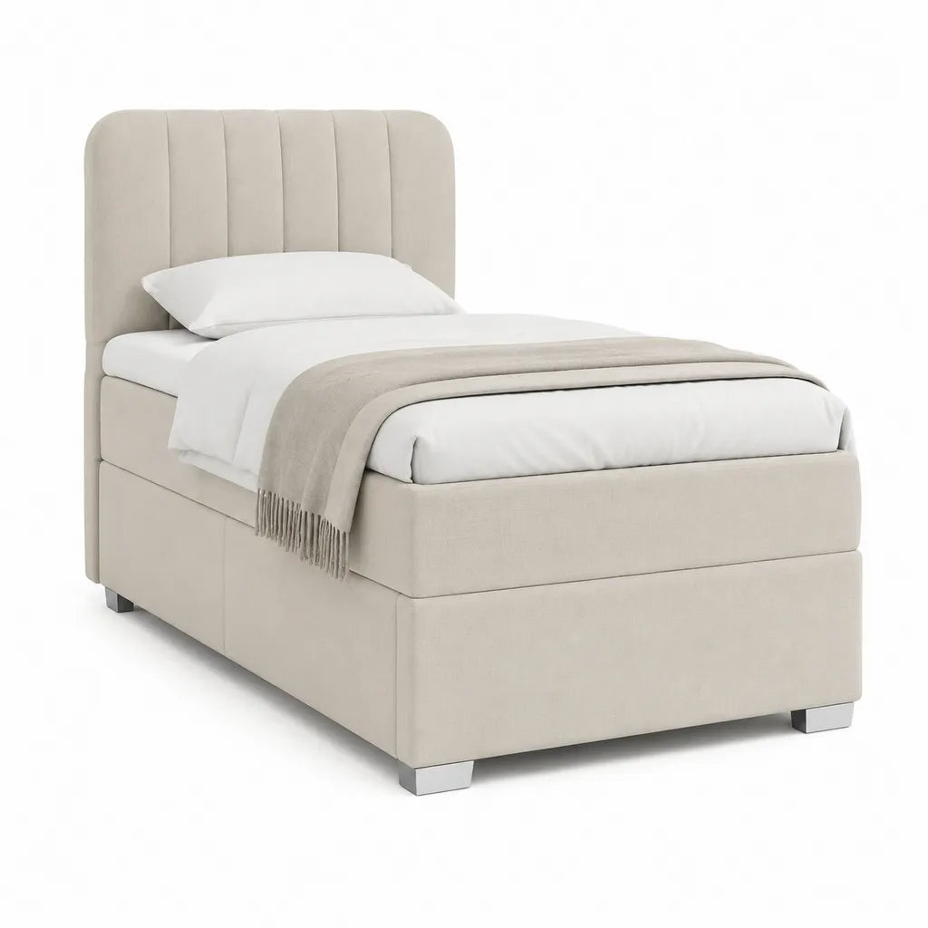 Lit 1 place cadre de lit capitonne 90 x 190 cm en polyester beige a tete de lit arrondie