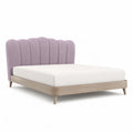 Cadre de lit double rectangulaire 160 x 200 cm en MDF plaque chene avec tete de lit capitonnee en polyester violet clair