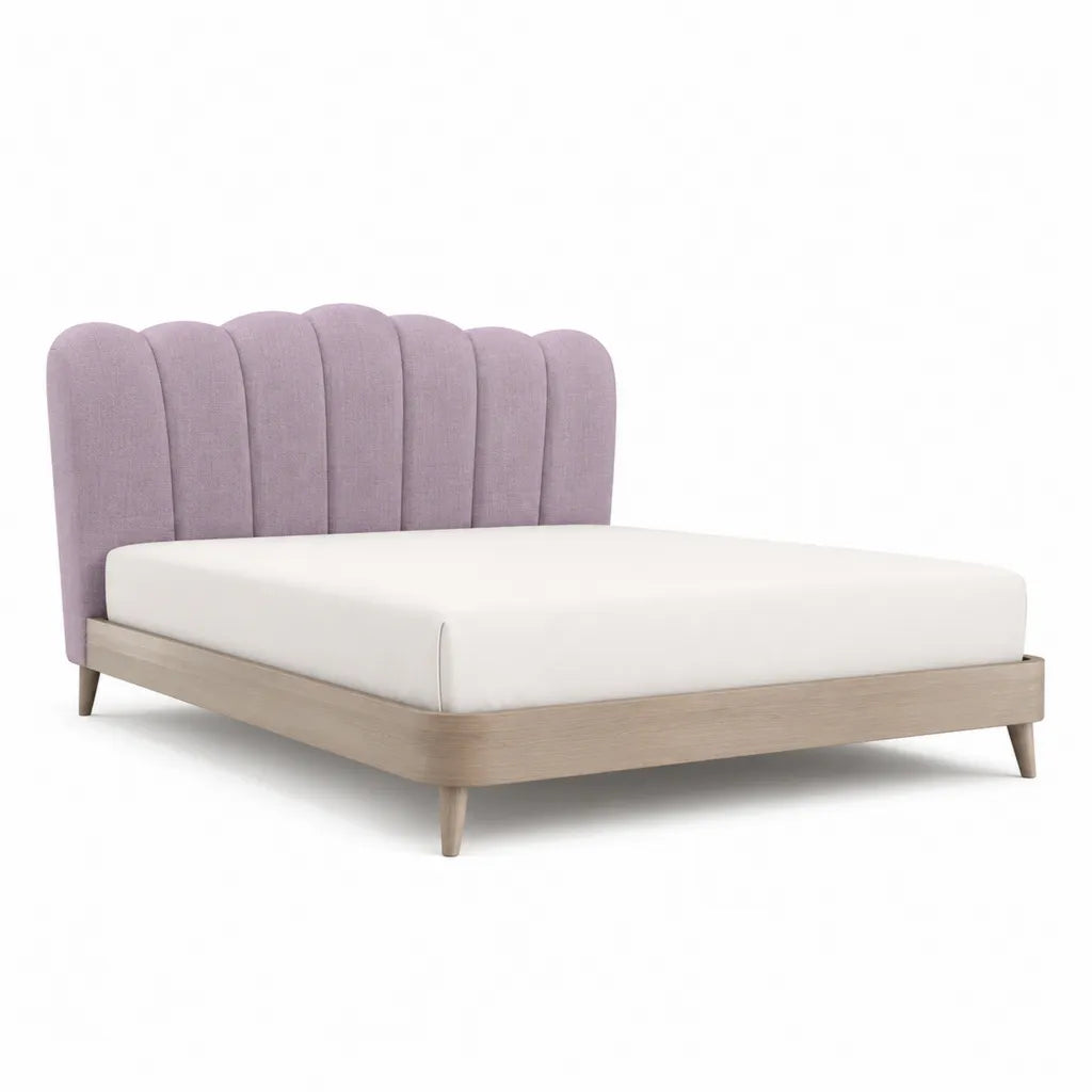 Cadre de lit double rectangulaire 160 x 200 cm en MDF plaque chene avec tete de lit capitonnee en polyester violet clair
