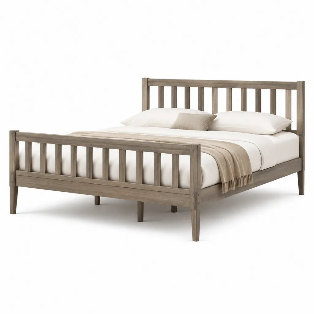 Cadre de lit double 160 x 200 cm en bois massif gris taupe avec tete et pied de lit a barreaux