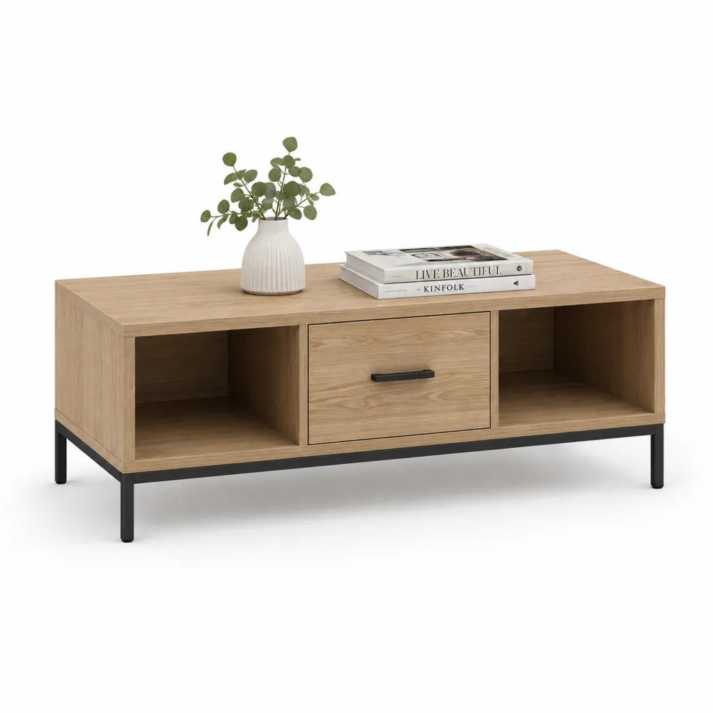 Table basse avec rangement 110 x 55 x 45 cm en panneaux de particules decor chene rectangulaire chene clair noir