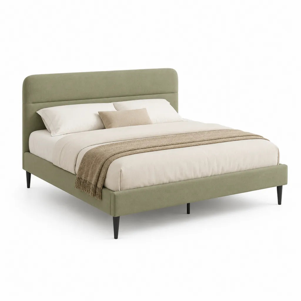 Lit double avec cadre rembourre en polyester vert kaki 160 x 200 cm tete de lit rectangulaire arrondie