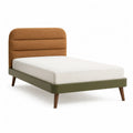 Cadre de lit double 160 x 200 cm avec tete de lit rembourree en polyester brun et structure rectangulaire vert olive