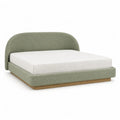 Lit double avec cadre rembourre 160 x 200 cm en polyester vert sauge a tete de lit arrondie et base en bois massif