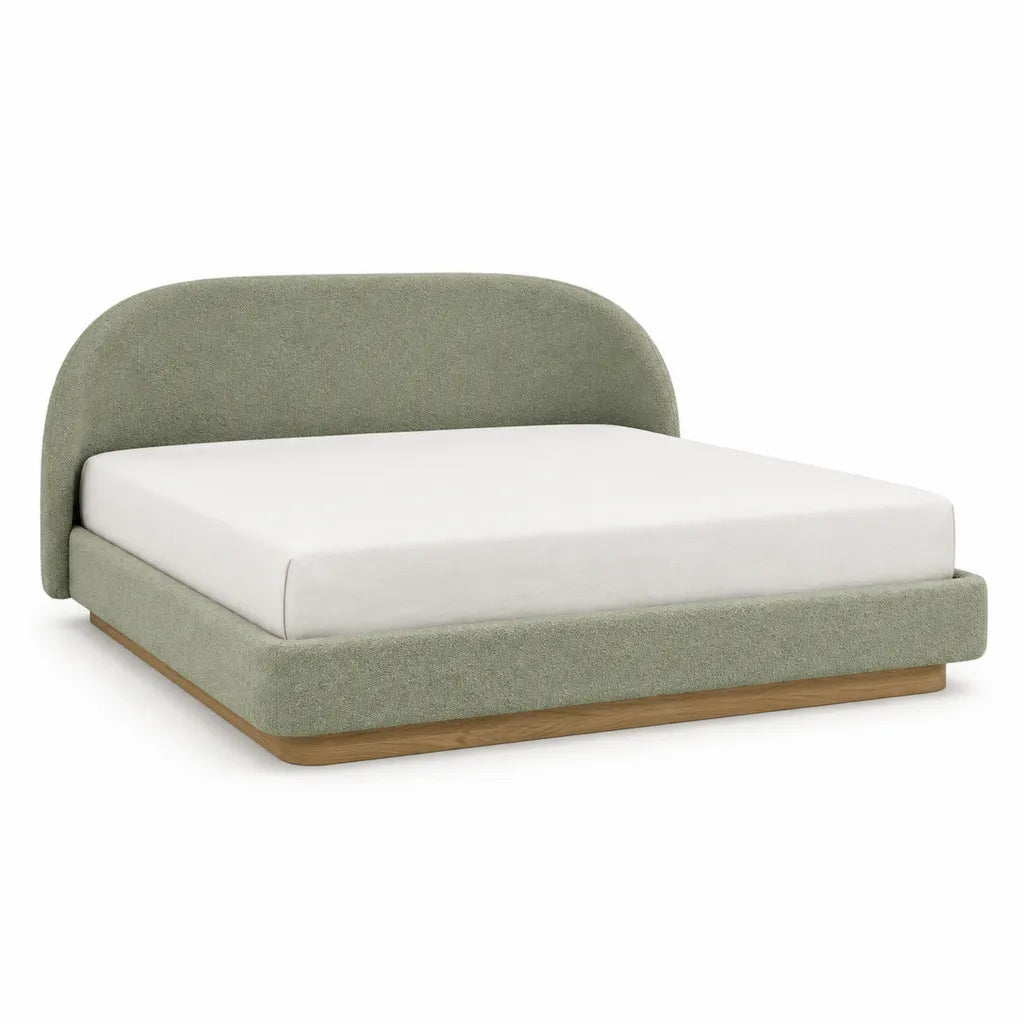 Lit double avec cadre rembourre 160 x 200 cm en polyester vert sauge a tete de lit arrondie et base en bois massif