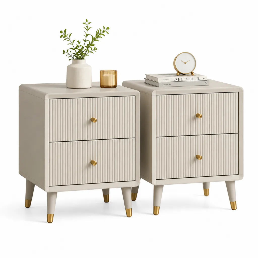 Lot de 2 tables de chevet rectangulaires 45 x 40 x 60 cm en panneaux MDF creme avec 2 tiroirs