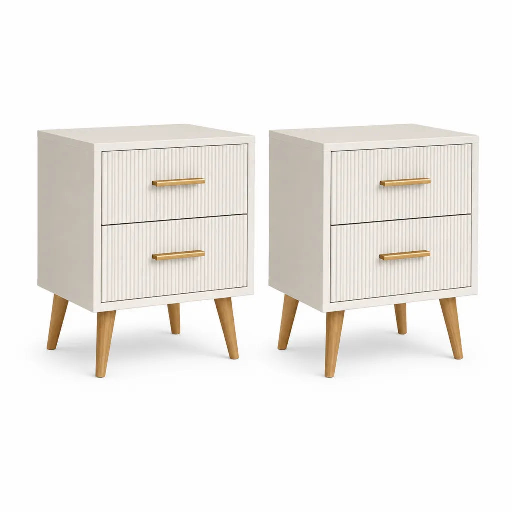Lot de 2 tables de chevet rectangulaires 40 x 35 x 60 cm en panneaux MDF blanc avec pieds en bois d'hevea