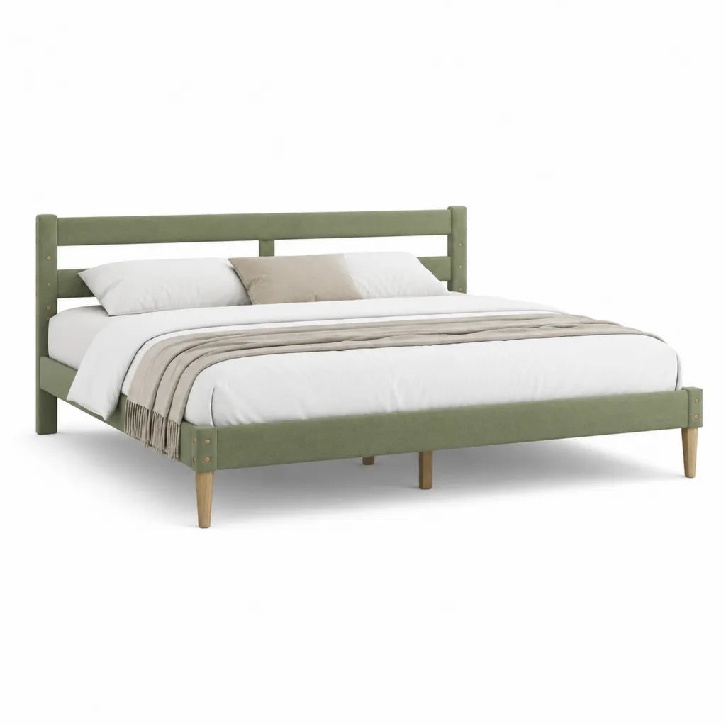 Cadre de lit double 160 x 200 cm en bois massif et polyester vert avec tete de lit rectangulaire