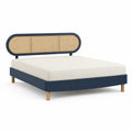 Lit double avec cadre 160 x 200 cm tete de lit arrondie en cannage de rotin bleu marine