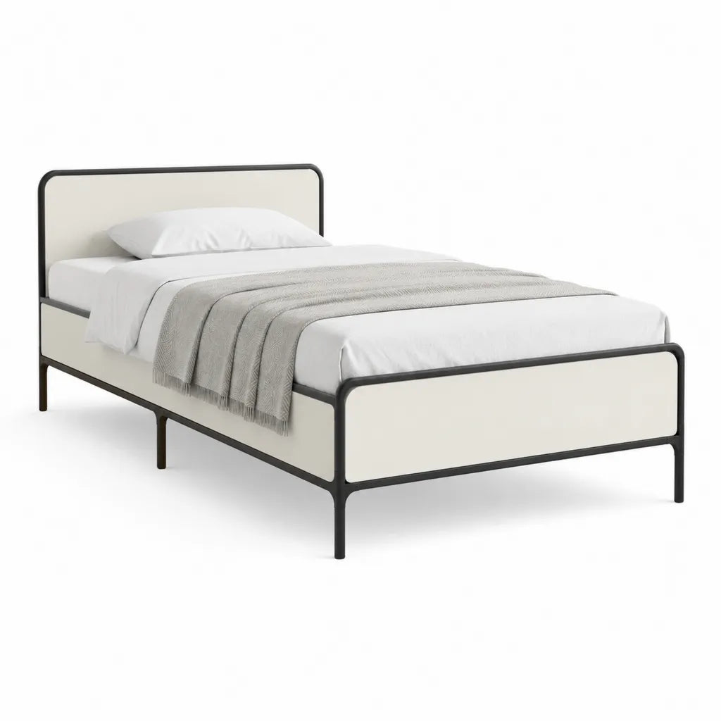 Lit double cadre de lit rectangulaire 140 x 190 cm en acier noir et panneaux blanc casse