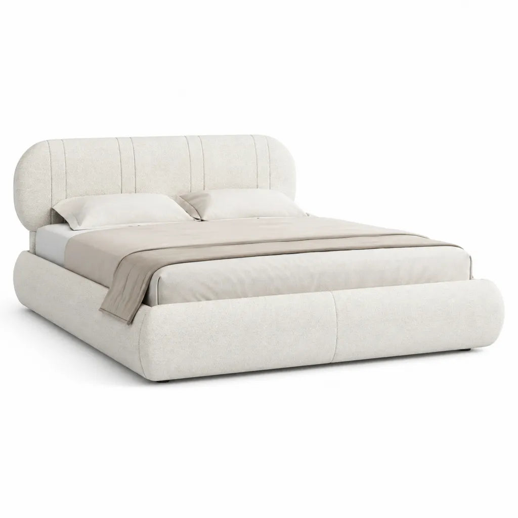 Lit double avec cadre rembourre arrondi en polyester ecru 180 x 200 cm