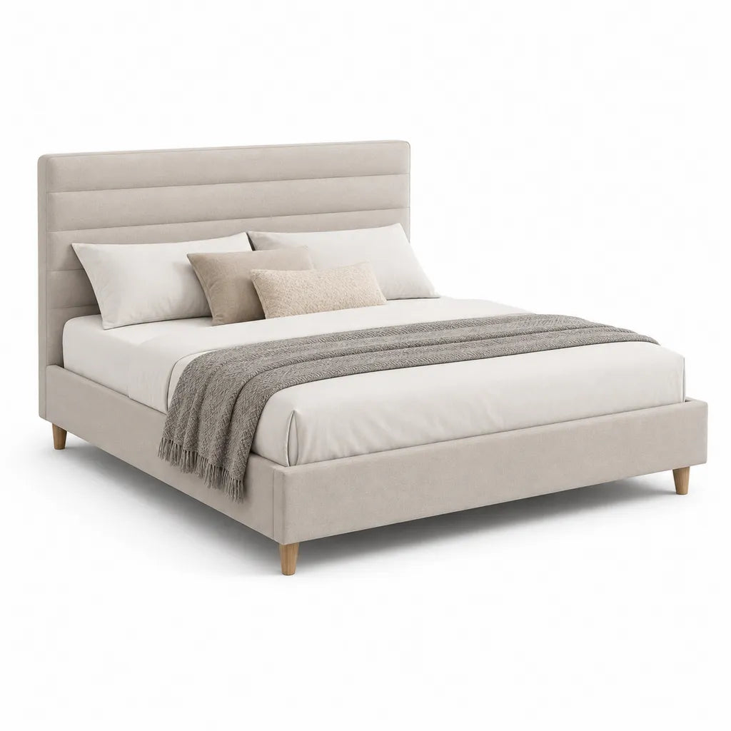 Lit double avec cadre de lit 160 x 200 cm en polyester beige avec tete de lit rectangulaire