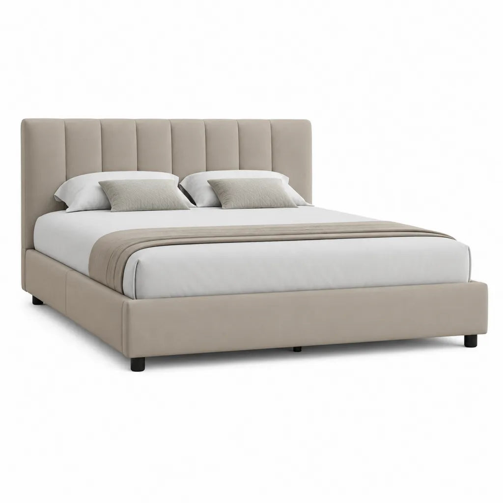 Lit double capitonne 160 x 200 cm en polyester beige avec tete de lit rectangulaire