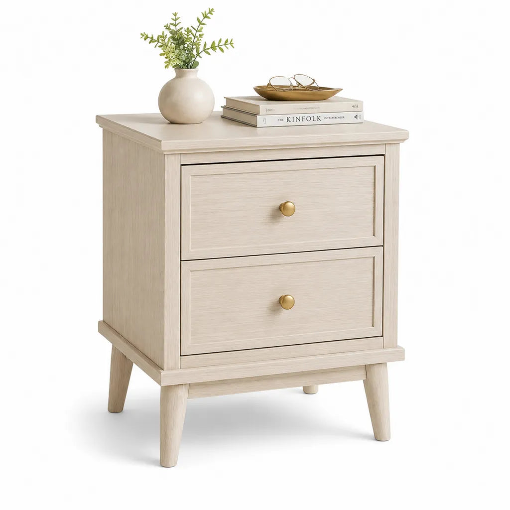 Table de chevet 2 tiroirs en panneaux de particules et placage chene beige 45 x 35 x 60 cm