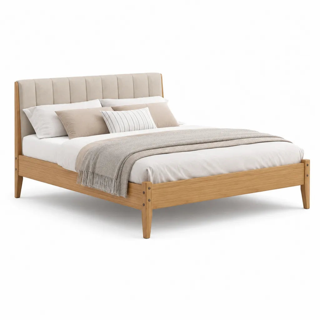 Lit double rectangulaire 160 x 200 cm en bois massif finition chene naturel avec tete de lit capitonnee en polyester beige