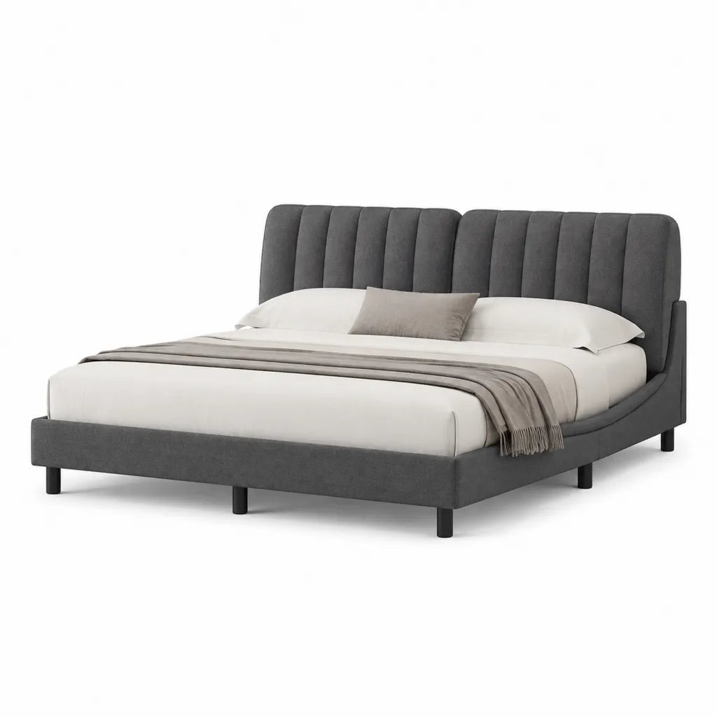 Lit double 180 x 200 cm cadre de lit capitonne en polyester gris fonce