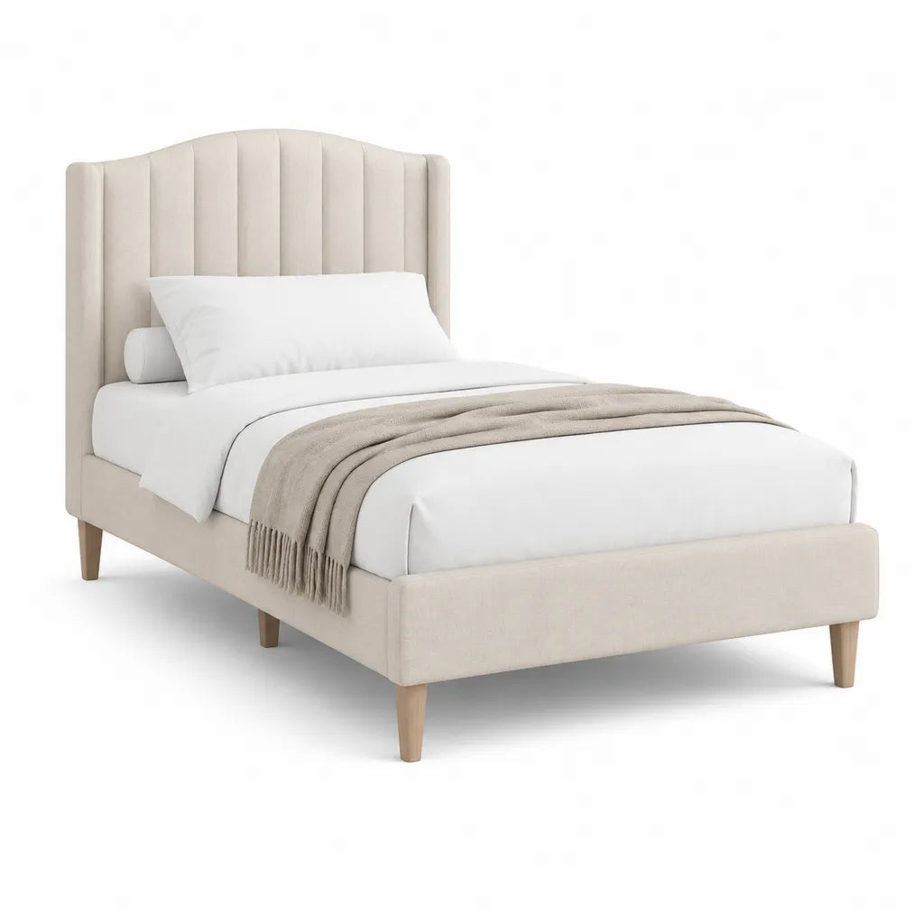 Cadre de lit double 140 x 190 cm rembourre en polyester beige avec tete de lit capitonnee arrondie